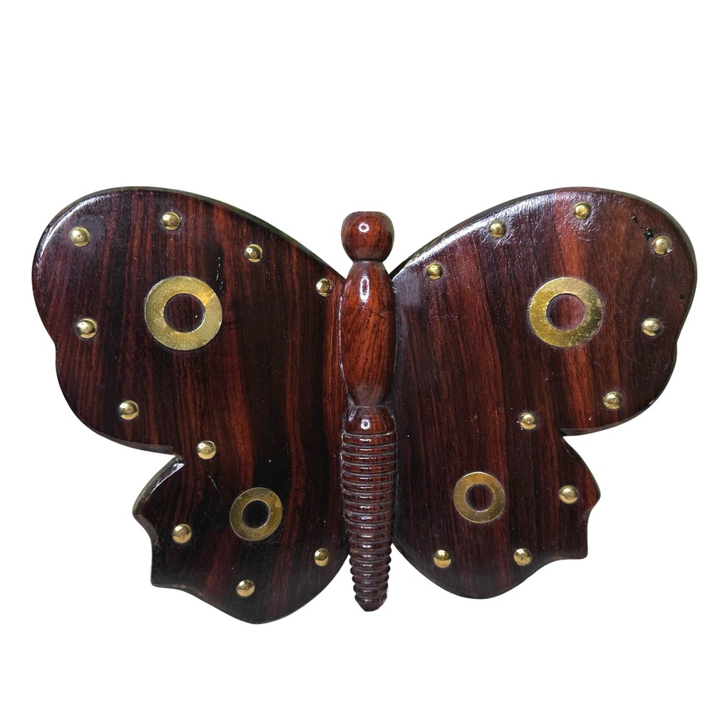 Vintage Hand Carved Wood Butterfly Wall Hanging Brass Inlay Boho Decor 80s
